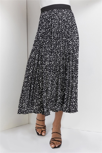 Black Abstract Spot Pleated Maxi Skirt