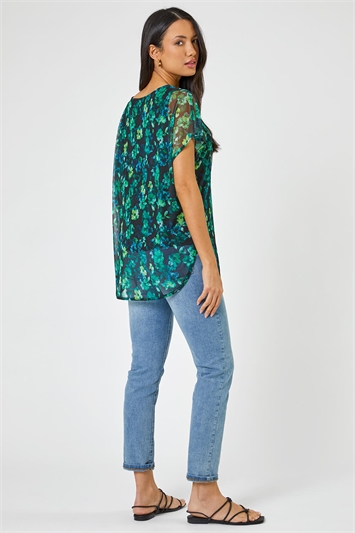 Green Floral Print Mesh Overlay Top, Image 2 of 4