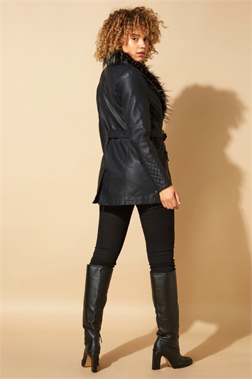 Black Longline Faux Leather Belted Coat, Image 3 of 5