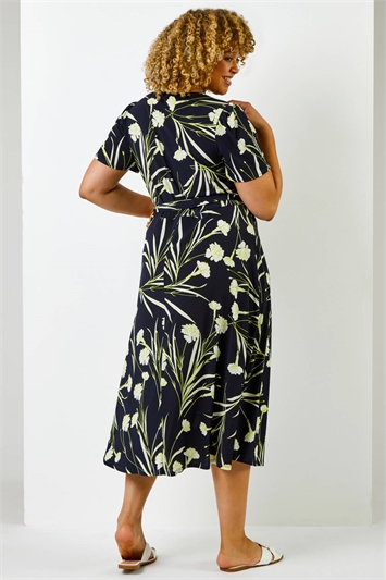Navy Curve Floral Print Fit And Flare Midi Dress, Image 2 of 5