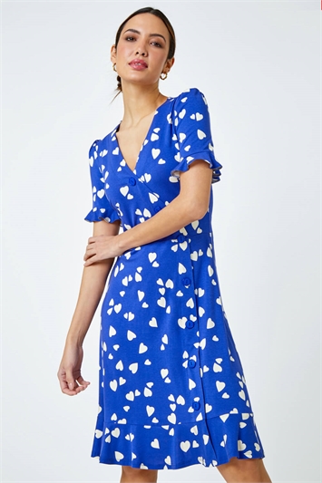Blue Heart Print Button Detail Tea Dress