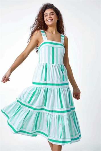 Green Cotton Stripe Print Tiered Maxi Dress