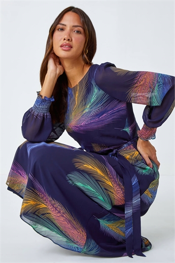 Purple Feather Print Belted Midi Dress