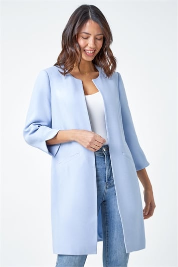Blue 3/4 Sleeve Textured Longline Smart Jacket