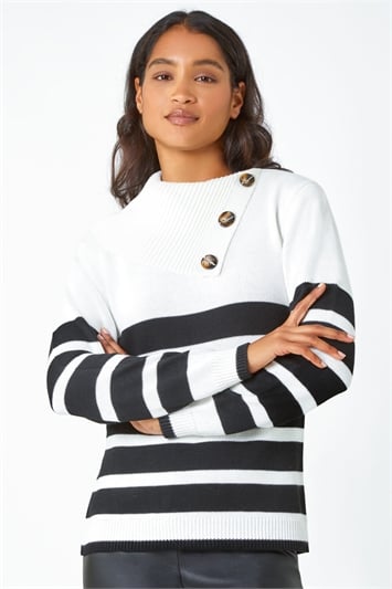 YOURS Plus Size Cream Stripe Button Detail Knitted Jumper