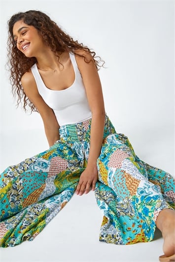 Blue Paisley Elasticated Stretch Palazzo Trousers