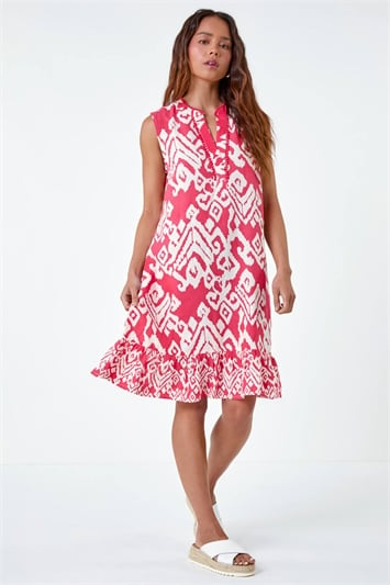 Pink Petite Aztec Print Frill Hem Dress