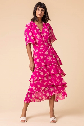 Pink Floral Print Tiered Frill Midi Dress, Image 3 of 5