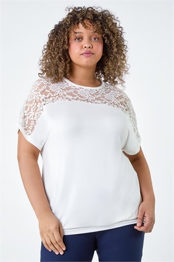 YOURS Plus Size White Lace Sleeve Bubble Hem T-Shirt
