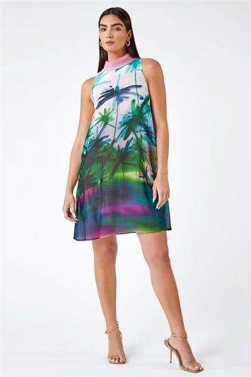 Green Limited Tropical High Neck Shift Dress