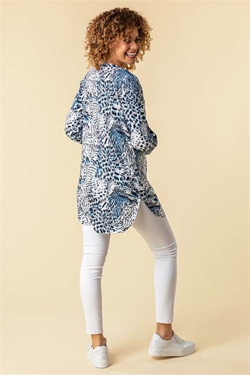 Blue Longline Button Detail Animal Print Top, Image 2 of 4