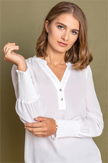 Ivory Plain Buttoned Shirred Cuff Top