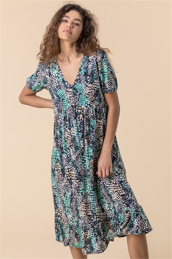 Blue Abstract Snake Print Tiered Dress, Image 3 of 5