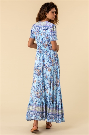 Blue Floral Print Shirred Waist Maxi Dress, Image 2 of 5