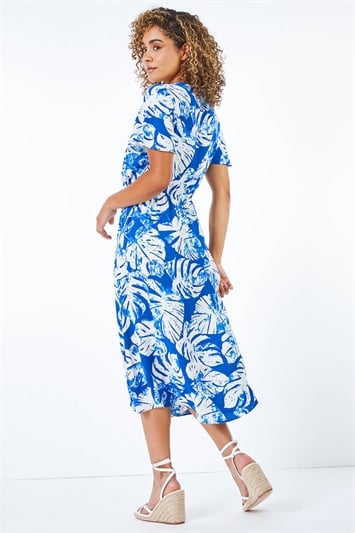 Blue Petite Tropical Tie Detail Midi Dress, Image 2 of 5