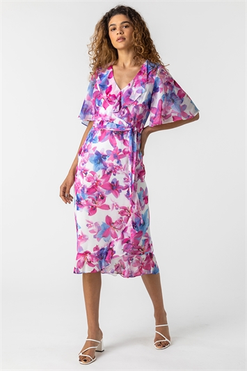 Pink Floral Print Frill Wrap Dress, Image 3 of 5