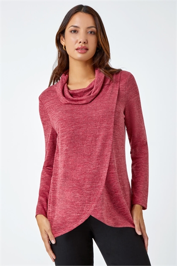 Red Wrap Front Cowl Neck Stretch Top