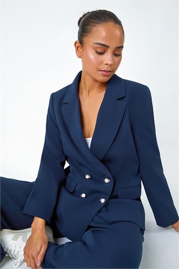 Blue Petite Double Breasted Stretch Blazer