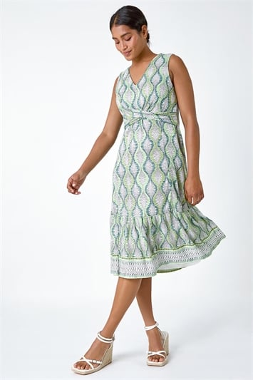 Green Twist Front Leaf Print Stretch Dress