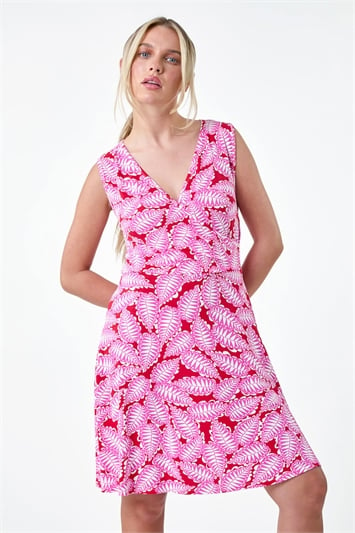 Pink Petite Leaf Print Stretch Wrap Dress
