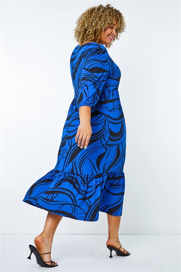 Blue Curve Abstract Print Tiered Stretch Midi Dress