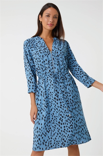 Blue Animal Print Zip Detail Shirt Dress