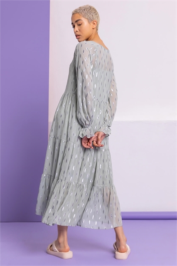 Sage Foil Print Shimmer Tiered Dress, Image 2 of 5