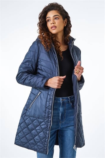Navy Longline Quilted Coat with Hood