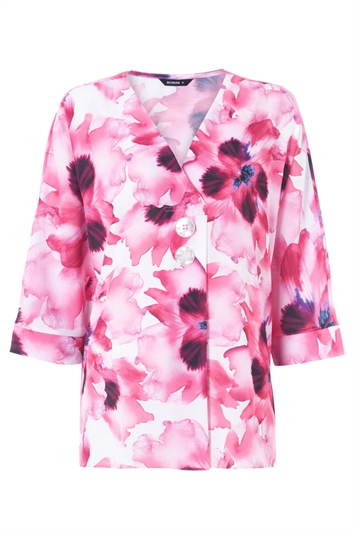 Fuchsia Floral Print Oversized Button Top, Image 4 of 8