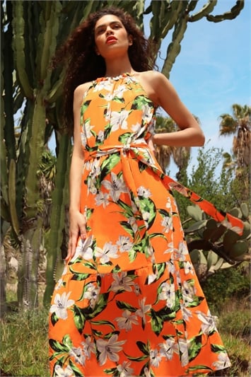 Orange Tropical Floral Halterneck Tiered Dress