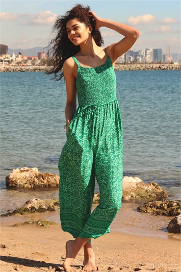Green Sleeveless Paisley Cropped Jumpsuit