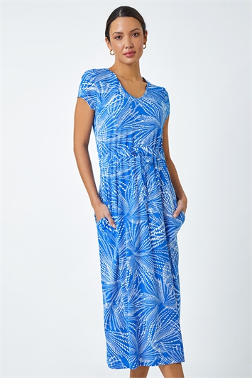 Blue Abstract Print Midi Stretch Dress
