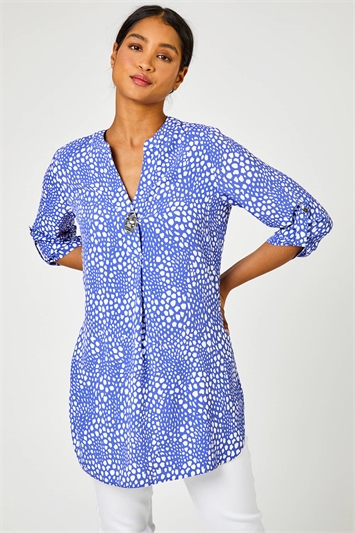 Blue Longline Button Detail Abstract Spot Print Top, Image 4 of 5