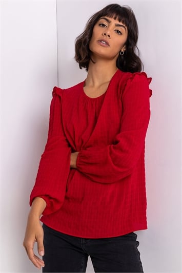 Red Textured Check Frill Detail Blouse