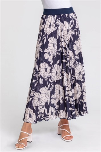Blue Floral Print Pleated Maxi Skirt