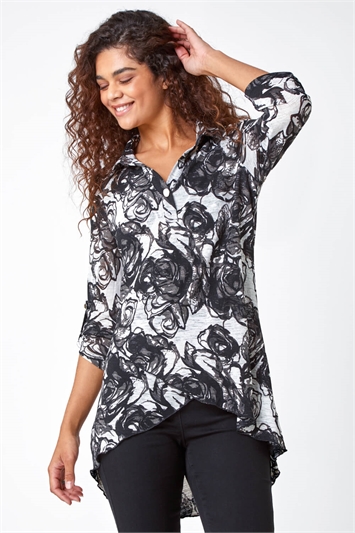 Black Floral Print Collared Stretch Top