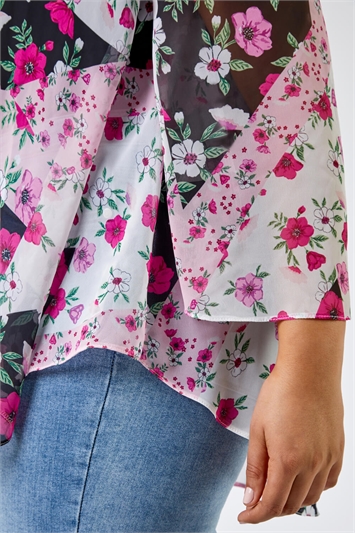 Pink Curve Patchwork Floral Print Kimono, Image 5 of 5