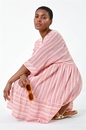 Pink Cotton Stripe Print Smock Dress