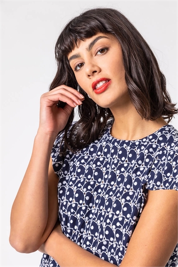 Navy Broderie Spot Frill Sleeve Detail Top, Image 4 of 4