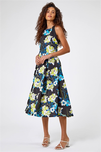Lime Floral Fit And Flare Luxe Stretch Dress, Image 1 of 5