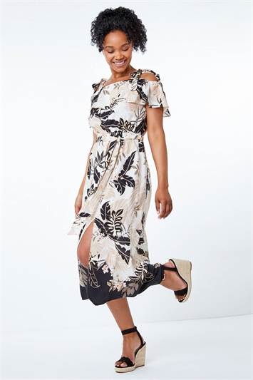 Beige Petite Tropical Print Frill Detail Midi Dress , Image 2 of 5