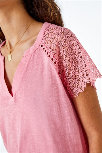 Pink Embroidered Sleeve V-Neck Jersey T-Shirt