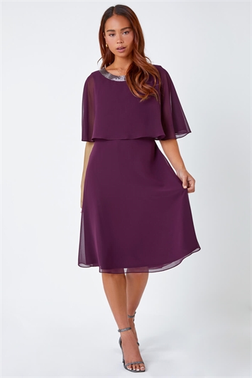 Purple Petite Sparkle Chiffon Cape Dress