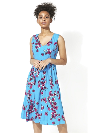 Blue Crinkle Floral Print Midi Dress