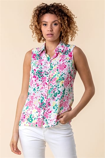 Multi Ditsy Floral Print Sleeveless Button Up Shirt