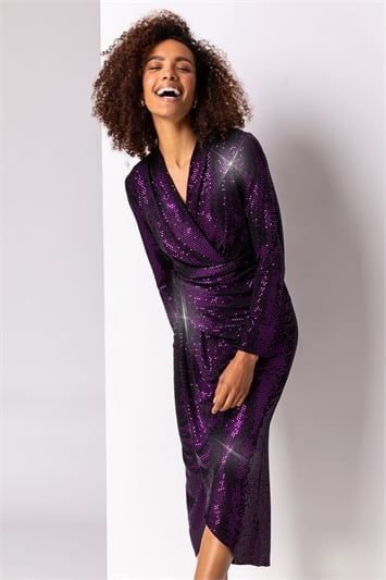 Purple Sequin Embellished Wrap Dress