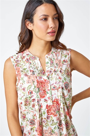 Red Floral Pintuck Detail Stretch Top