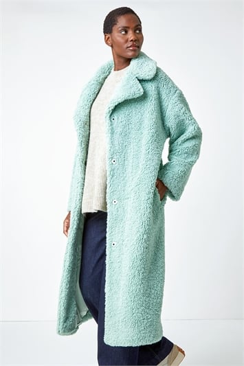 Green Longline Faux Fur Teddy Borg Coat