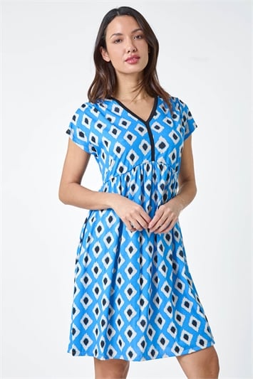 Blue Contrast Geometric Print Stretch Dress