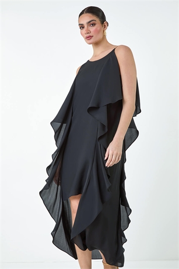Black Plain Dipped Hem Ruffle Detail Midi Dress